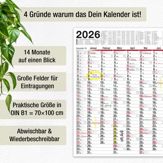 TOBJA XXL Wandkalender abwischbar 2026 - gerollter Versand inkl. 4 Stifte | Großer Jahresplaner Kalender (1 Stück abwischbar +4 Stifte)