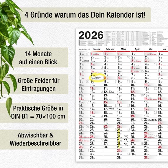 TOBJA XXL Wandkalender abwischbar 2026 - gerollter Versand inkl. Stift. | Großer Jahresplaner abwischbar Kalender 2026 | Größer als A1