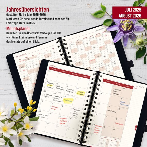 colortouch Terminplaner 2025 2026, Kalender A5, Wochenplaner mit Softcover Ringbuch, 30 Minuten-Intervalle Planer mit 2 Blatt Aukfleber auf Deutsch 14 Monate Planer (Juli 25-Aug 26)