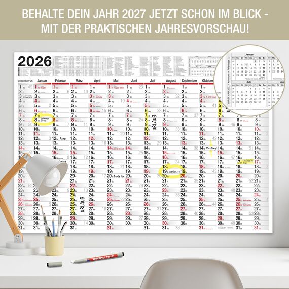 TOBJA XXL Wandkalender abwischbar 2026 - gerollter Versand inkl. Stift. | Großer Jahresplaner abwischbar Kalender 2026 | Größer als A1