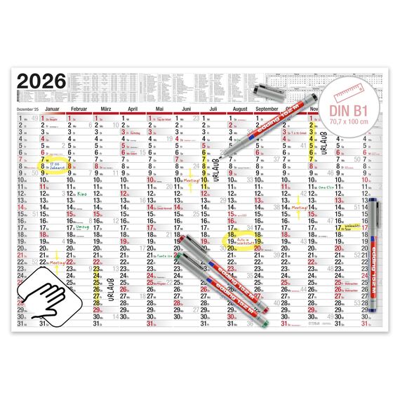 TOBJA XXL Wandkalender abwischbar 2026 - gerollter Versand inkl. 4 Stifte | Großer Jahresplaner Kalender (1 Stück abwischbar +4 Stifte)