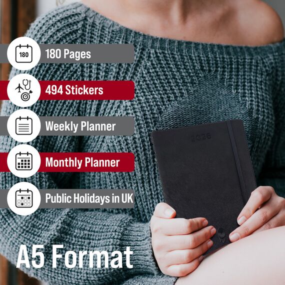 colortouch Terminplaner 2026 Englisch Tagesplaner, A5 Terminkalender Organizer, Buchkalender, Monatsplaner, 30 Minuten-Intervalle Ringbuch mit 2 Blatt Aufkleber 14 Monate Agenda (Nov 25-Dez 26)