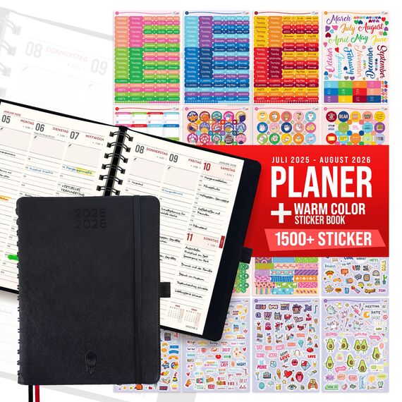 colortouch Terminplaner 2025 2026, Kalender A5, Wochenplaner mit Softcover Ringbuch, 30 Minuten-Intervalle Planer mit 2 Blatt Aukfleber auf Deutsch 14 Monate Planer (Juli 25-Aug 26)