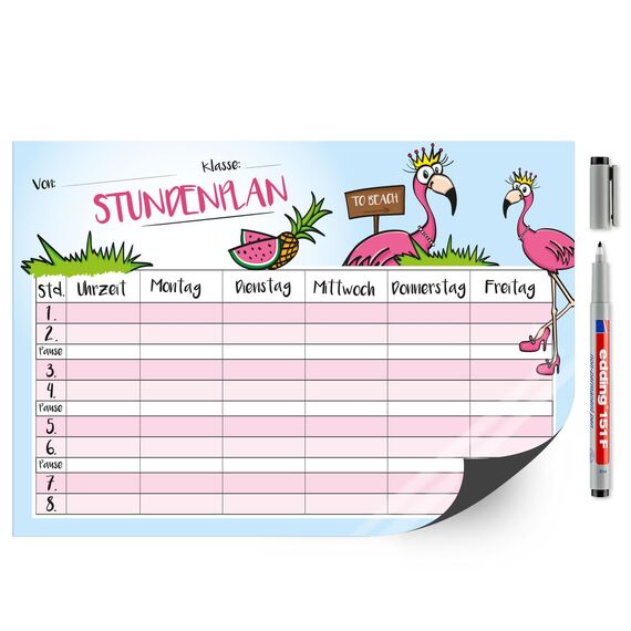 younikat Stundenplan magnetisch abwischbar I Flamingo I inkl. Stift I wiederbeschreibbar I Einschulung I dv249