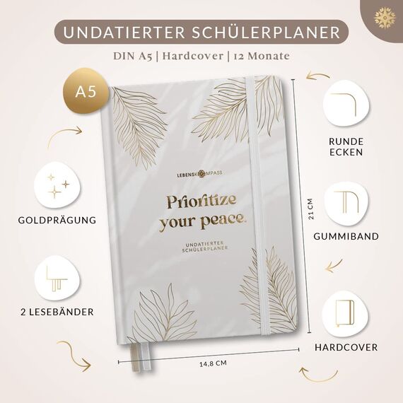 Lebenskompass® Schülerkalender ”Heavenly” A5 OHNE DATUM - Schöner Schülerplaner mit vielen Extras - Hausaufgabenheft 2024/2025 für Schüler undatiert Schulplaner 2024 2025