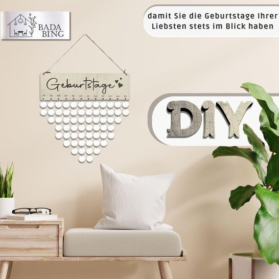 Bada Bing DIY Geburtstagskalender mit 60 Holz Scheiben zum Beschriften - Jahresunabhängiger Familienkalender Dekoration zum Aufhängen Wandkalender Geburtstag mit Holzscheiben Individuell gestaltbar