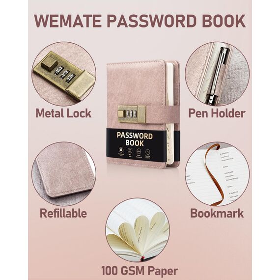 WEMATE Passwortbuch mit Schloss, Passwortbuch mit alphabetischen Registern, 600+ Passwortplatz, Logbuch mit Schloss