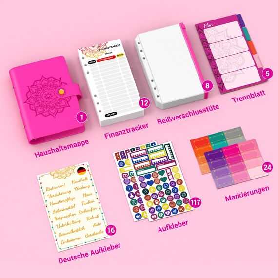 Budget Planner Deutsch A6, Budget Binder, Finanzplaner, Geld Organizer, Budgetplaner Zubehör mit Binder Taschen, budget Planer, Haushaltsbuch, Sparbuch für Reisen, Geld sparen, Geschenk (Rose)