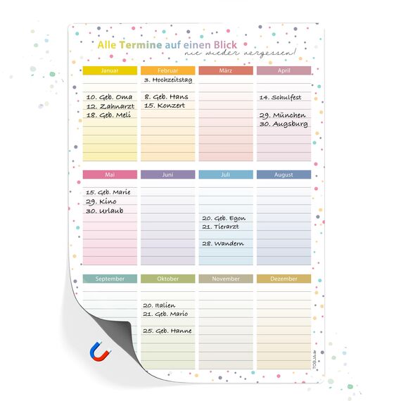 TOBJA magnetischer Geburtstagskalender A4 | Jahresunabhängig & abwischbar | Immerwährender Kalender mit bunten Dots | Dekorativ & wiederverwendbar (Dots magnetisch)