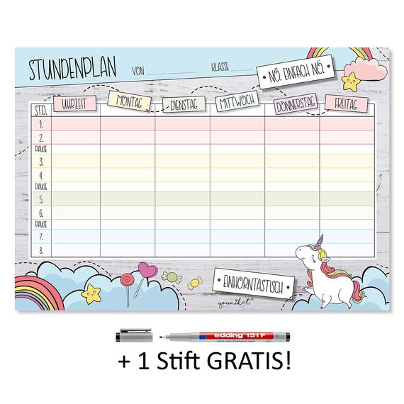 younikat Stundenplan abwischbar selbstklebend I Einhorn I inkl. Stift I wiederbeschreibbar I Schulanfang I dv545