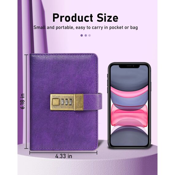 WEMATE Passwortbuch mit Schloss, Passwortbuch mit alphabetischen Registerkarten, 600+ Passwortplatz, Passwort-Organizer, Logbuch mit Schloss (violett)