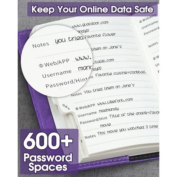 WEMATE Passwortbuch mit Schloss, Passwortbuch mit alphabetischen Registerkarten, 600+ Passwortplatz, Passwort-Organizer, Logbuch mit Schloss (violett)