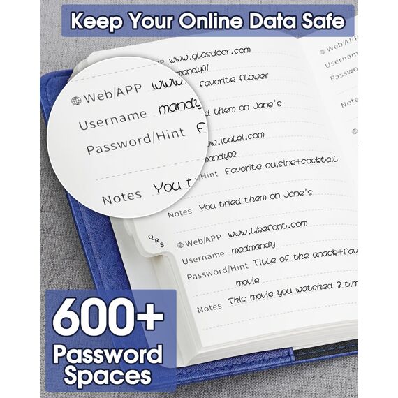 WEMATE Passwortbuch mit Schloss, Passwortbuch mit alphabetischen Registerkarten, 600+ Passwort-Leerzeichen, und Passwort-Organizer-Logbuch mit Schloss, Passwortaufbewahrung für Computer- und