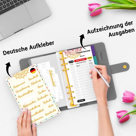 Budget Planner Deutsch A6, Finanzplaner, Haushaltsbuch zum Eintragen, Sparbuch für Geld, BudgetPlaner, Geldsparmappe, Budget Binder, Geld Organizer, Personal Organizer (Grau)