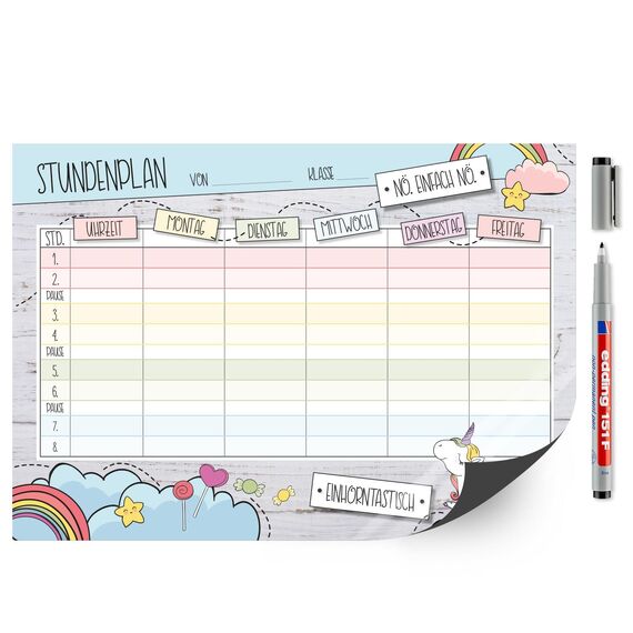 younikat Stundenplan magnetisch abwischbar I Einhorn I inkl. Stift I wiederbeschreibbar I Einschulung I dv248