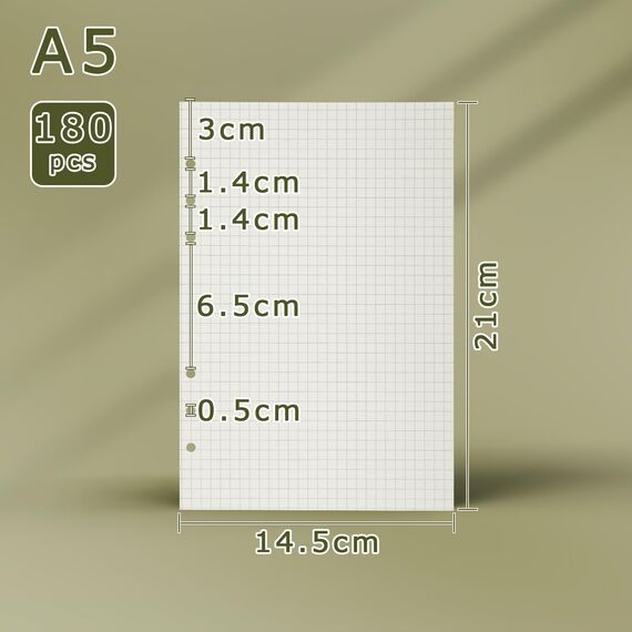 SWTYExt 3 Packungen A5 Nachfüllpapier Kariert, Nachfüllbar Notizpapier 180 Blätter 6 Löcher Papier Nachfüllbare Refill Ringbucheinlagen für Notizbuch Skizze Tagbuch Malerei