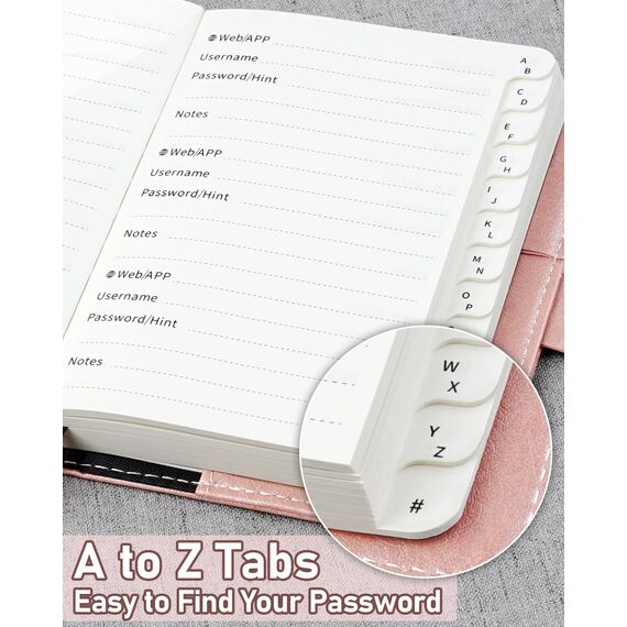 WEMATE Passwortbuch mit Schloss, Passwortbuch mit alphabetischen Registerkarten, 600+ Passwortplatz, Passwort-Organizer, Logbuch mit Schloss (Roségold)