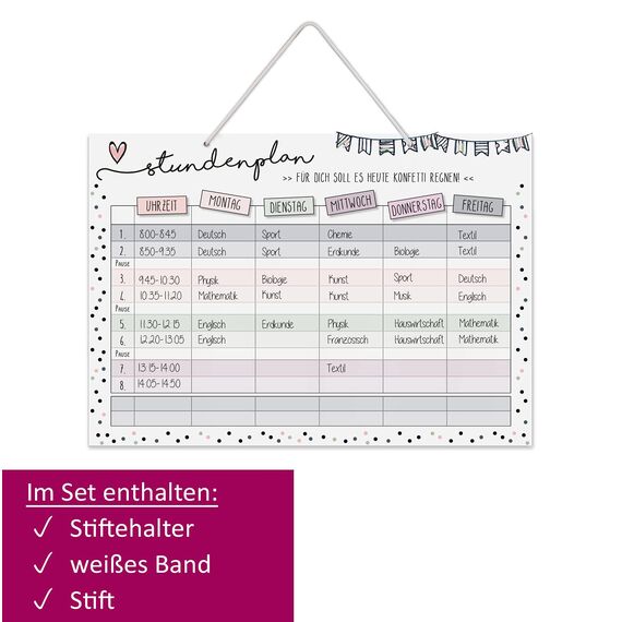 younikat Stundenplan abwischbar zum aufhängen I Konfetti I inkl. Stift wiederbeschreibbar I Grundschule Jungen Mädchen I dv972