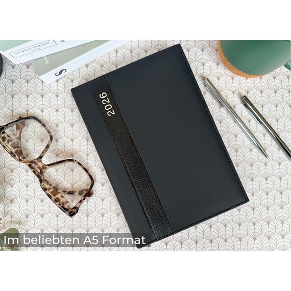 Buchkalender 2026 A5 - Lederoptik Design Chefplaner 2026 A5 Business Planer Terminkalender mit Jahreskalender Kalenderbuch Terminplaner Kalender 2026 (Schwarz)