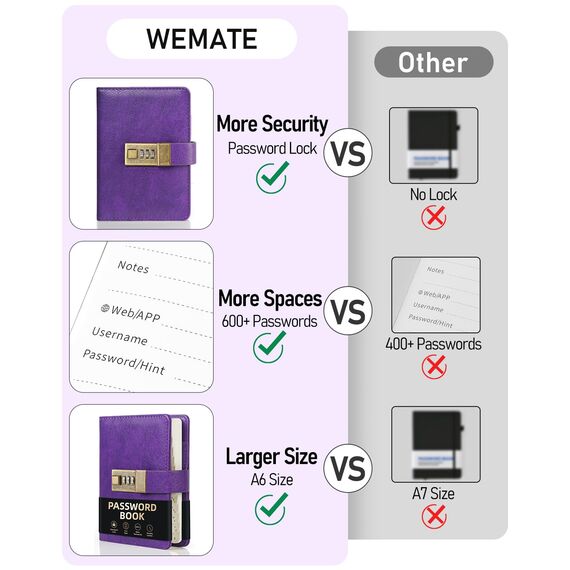 WEMATE Passwortbuch mit Schloss, Passwortbuch mit alphabetischen Registerkarten, 600+ Passwortplatz, Passwort-Organizer, Logbuch mit Schloss (violett)