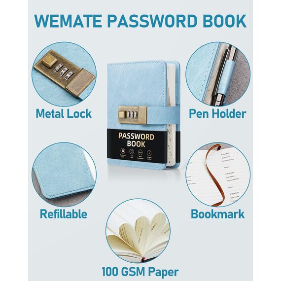 WEMATE Passwortbuch mit Schloss, Passwortbuch mit alphabetischen Registerkarten, 600+ Passwortplatz, Passwort-Organizer, Logbuch mit Schloss (Hellblau)