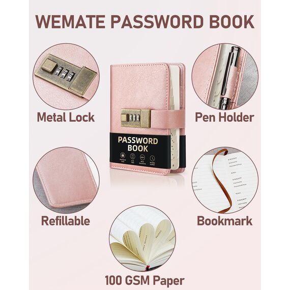 WEMATE Passwortbuch mit Schloss, Passwortbuch mit alphabetischen Registerkarten, 600+ Passwortplatz, Passwort-Organizer, Logbuch mit Schloss (Roségold)
