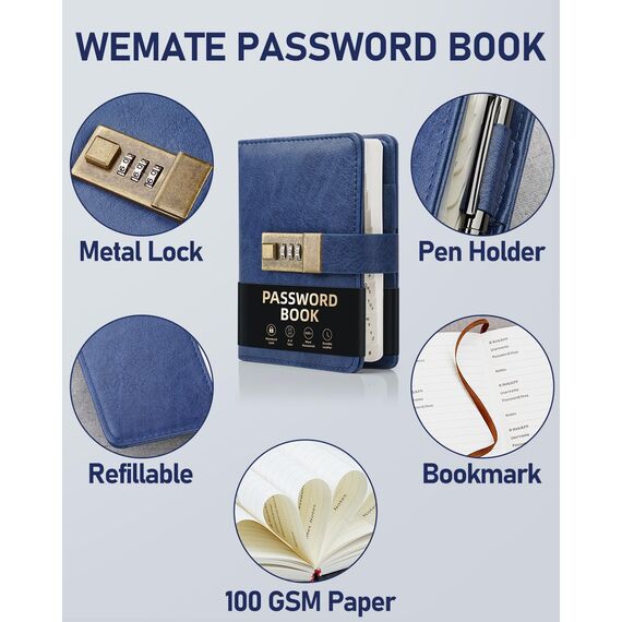WEMATE Passwortbuch mit Schloss, Passwortbuch mit alphabetischen Registerkarten, 600+ Passwort-Leerzeichen, und Passwort-Organizer-Logbuch mit Schloss, Passwortaufbewahrung für Computer- und