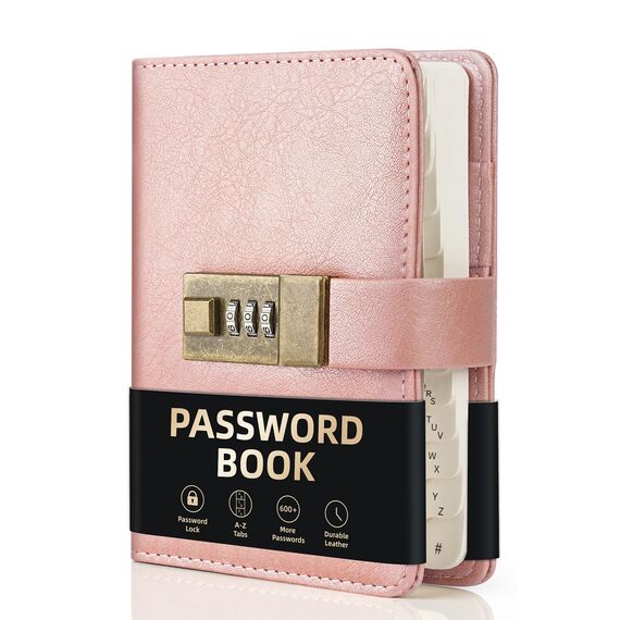 WEMATE Passwortbuch mit Schloss, Passwortbuch mit alphabetischen Registerkarten, 600+ Passwortplatz, Passwort-Organizer, Logbuch mit Schloss (Roségold)