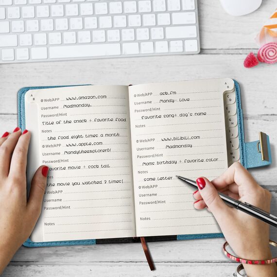 WEMATE Passwortbuch mit Schloss, Passwortbuch mit alphabetischen Registerkarten, 600+ Passwortplatz, Passwort-Organizer, Logbuch mit Schloss (Hellblau)