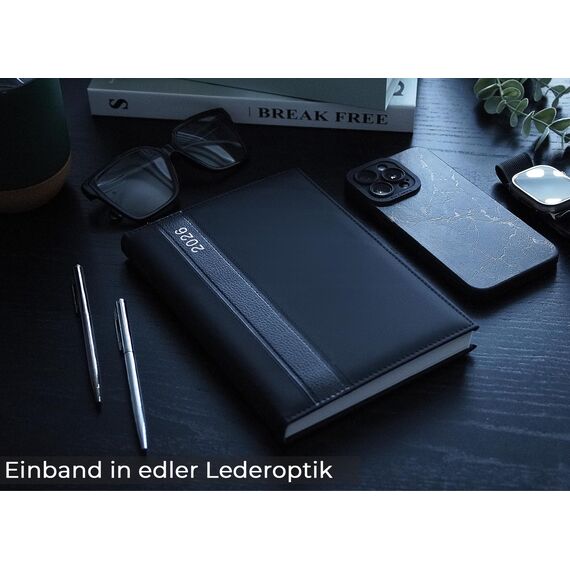 Buchkalender 2026 A5 - Lederoptik Design Chefplaner 2026 A5 Business Planer Terminkalender mit Jahreskalender Kalenderbuch Terminplaner Kalender 2026 (Schwarz)