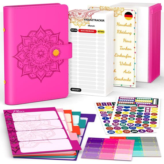 Budget Planner Deutsch A6, Budget Binder, Finanzplaner, Geld Organizer, Budgetplaner Zubehör mit Binder Taschen, budget Planer, Haushaltsbuch, Sparbuch für Reisen, Geld sparen, Geschenk (Rose)