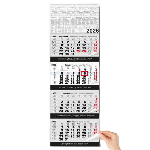 TOBJA 4 Monatskalender 2026 Wandkalender mit Schieber und verstärkter Aufhängung – Übersichtlicher Kalender 2026 Wandkalender für Büro und Zuhause, 96 x 33 cm