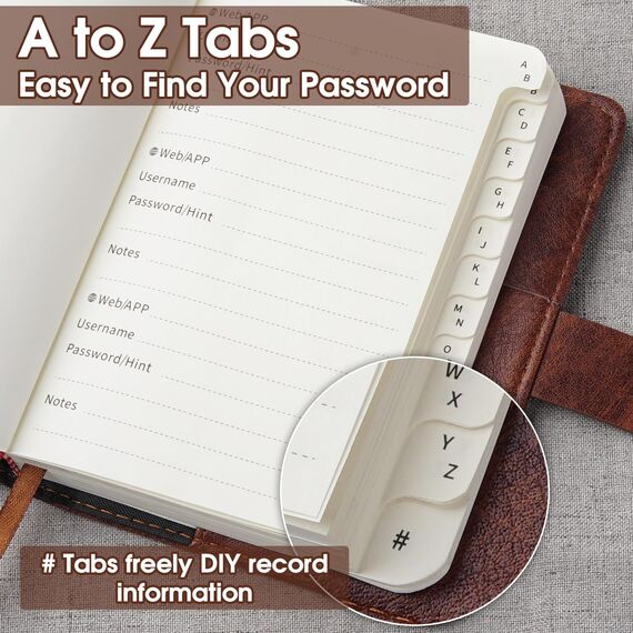 WEMATE Passwortbuch mit Schloss, Passwortbuch mit alphabetischen Registern, 600+ Passwortplatz, Logbuch mit Schloss