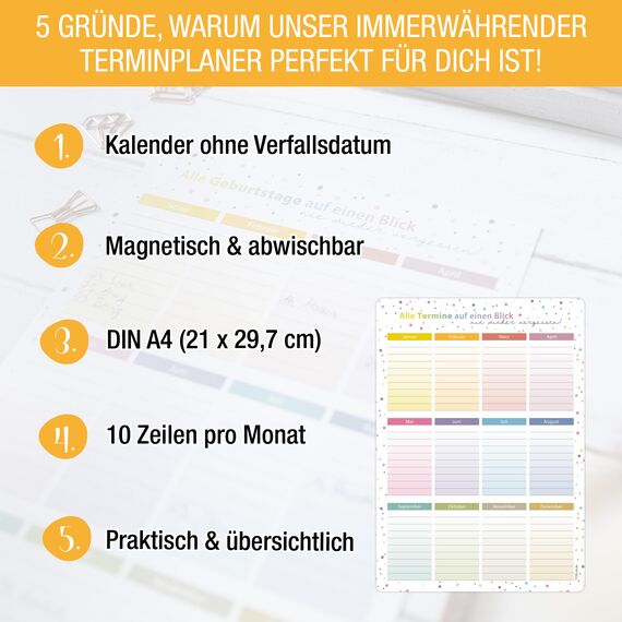 TOBJA magnetischer Geburtstagskalender A4 | Jahresunabhängig & abwischbar | Immerwährender Kalender mit bunten Dots | Dekorativ & wiederverwendbar (Dots magnetisch)
