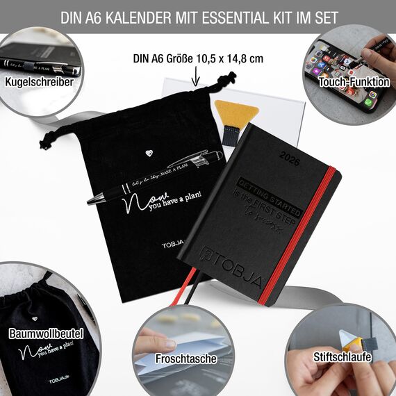 TOBJA Taschenkalender 2026 A6 schwarz + Zubehör Set - Terminplaner mit Froschtasche, Stift, Pen-Loop und Beutel | Hardcover Kalender 2026 A6 (black + Zubehör)