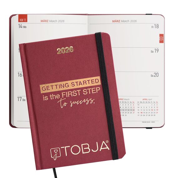 TOBJA Taschenkalender 2026 A6 rot - 1 Woche 2 Seiten, Robustes Hardcover, Taschenkalender 2026 klein, Ferien & Feiertage, 2 Lesebändchen & Gummiband, Kalender 2026 a6 [red]