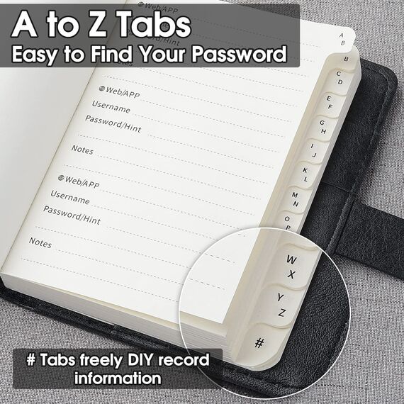 WEMATE Passwortbuch mit Schloss, Passwortbuch mit alphabetischen Registern, 600+ Passwortplatz, Logbuch mit Schloss, Schwarz