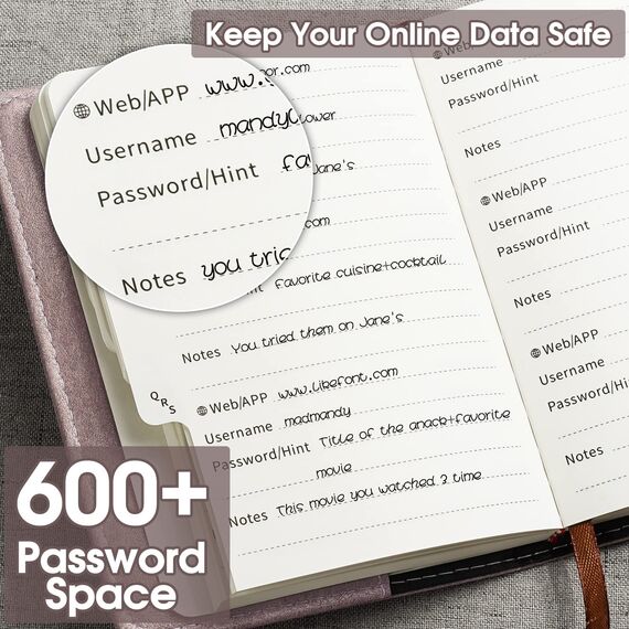 WEMATE Passwortbuch mit Schloss, Passwortbuch mit alphabetischen Registern, 600+ Passwortplatz, Logbuch mit Schloss