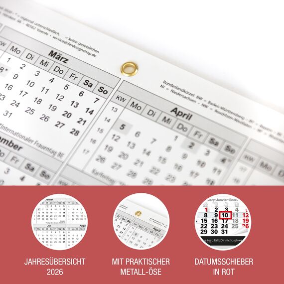 TOBJA 4 Monatskalender 2026 Wandkalender mit Schieber und verstärkter Aufhängung – Übersichtlicher Kalender 2026 Wandkalender für Büro und Zuhause, 96 x 33 cm