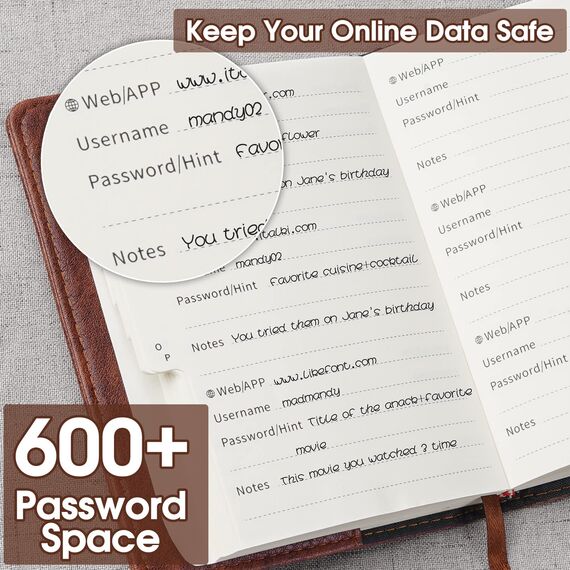 WEMATE Passwortbuch mit Schloss, Passwortbuch mit alphabetischen Registern, 600+ Passwortplatz, Logbuch mit Schloss