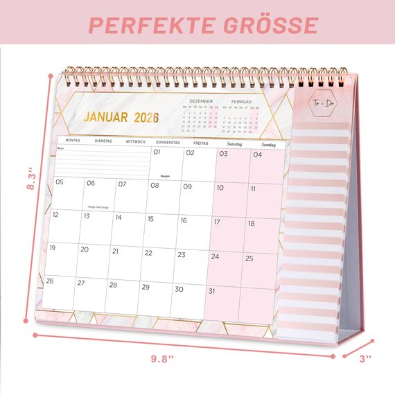 Tischkalender 2026-12 Monatskalender 2026, Tischkalender von JAN. bis DEZ. 2026, Kalender 2026 tischkalender mit Aufgabenliste, 26.7 x 21.8 x 7.8 cm - Rosa