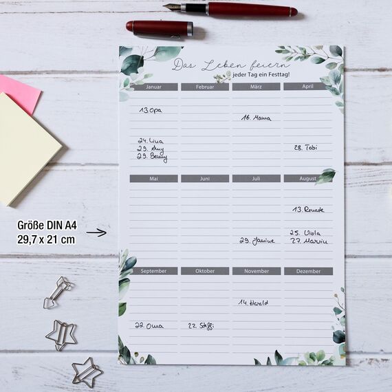 TOBJA Geburtstagskalender immerwährend - 2er Set in DIN A4 | Eukalyptus Design | Geburtstagskalender Jahresunabhängig (Eukalyptus)