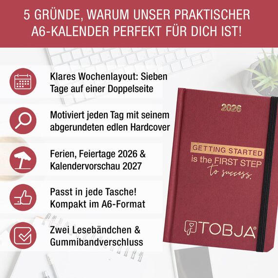 TOBJA Taschenkalender 2026 A6 rot - 1 Woche 2 Seiten, Robustes Hardcover, Taschenkalender 2026 klein, Ferien & Feiertage, 2 Lesebändchen & Gummiband, Kalender 2026 a6 [red]