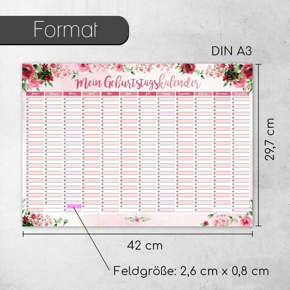 younikat Geburtstagskalender jahresunabhängig A3 - Rosen Geburtstags Kalender - Dauerkalender ohne Jahr - Wandkalender Geburtstag immerwährend für die ganze Familie I dv619