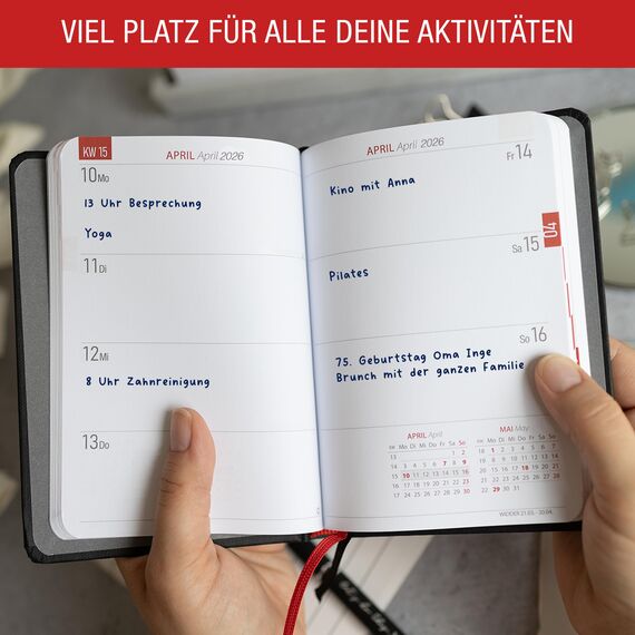 TOBJA Taschenkalender 2026 A6 schwarz - 1 Woche 2 Seiten, Robustes Hardcover, Taschenkalender 2026 klein, Ferien & Feiertage, 2 Lesebändchen & Gummibandverschluss, Kalender 2026 a6 [black]