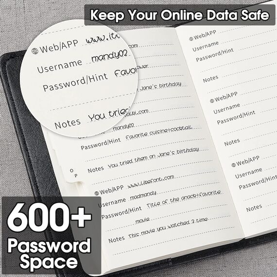 WEMATE Passwortbuch mit Schloss, Passwortbuch mit alphabetischen Registern, 600+ Passwortplatz, Logbuch mit Schloss, Schwarz