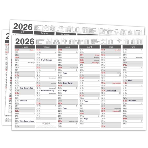 TOBJA Tafelkalender 2026 in 3er Set - DIN A4 Übersicht für wichtige Termine, Schulferien und Feiertage | Jahresplaner 2026 Wandkalender | Kalendarium 2026 im praktischen Format (3 Stück Papier)
