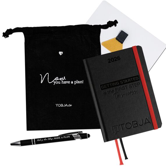 TOBJA Taschenkalender 2026 A6 schwarz + Zubehör Set - Terminplaner mit Froschtasche, Stift, Pen-Loop und Beutel | Hardcover Kalender 2026 A6 (black + Zubehör)