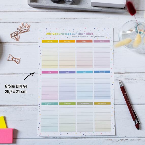 TOBJA Geburtstagskalender immerwährend - 2er Set in DIN A4 | Dots Bunt Design | Geburtstagskalender Jahresunabhängig (Dots Bunt)