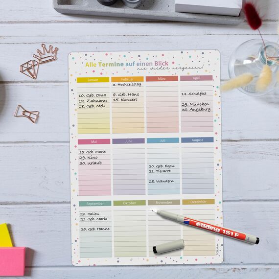 TOBJA magnetischer Geburtstagskalender A4 | Jahresunabhängig & abwischbar | Immerwährender Kalender mit bunten Dots | Dekorativ & wiederverwendbar (Dots magnetisch +Stift)